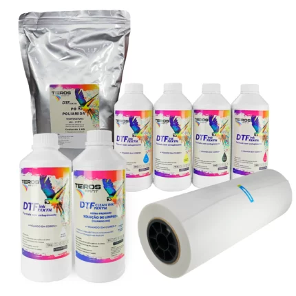 Kit Completo Premium: Filme DTF 30 cm + Tintas CMYK + Tinta Branca + Pó de Poliamida 1kg + Solução de Limpeza