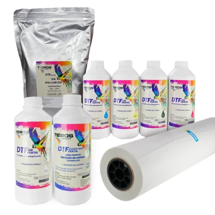 Kit Completo Premium: Filme DTF 60 cm + Tintas CMYK + Tinta Branca + Pó de Poliamida 1kg + Solução de Limpeza